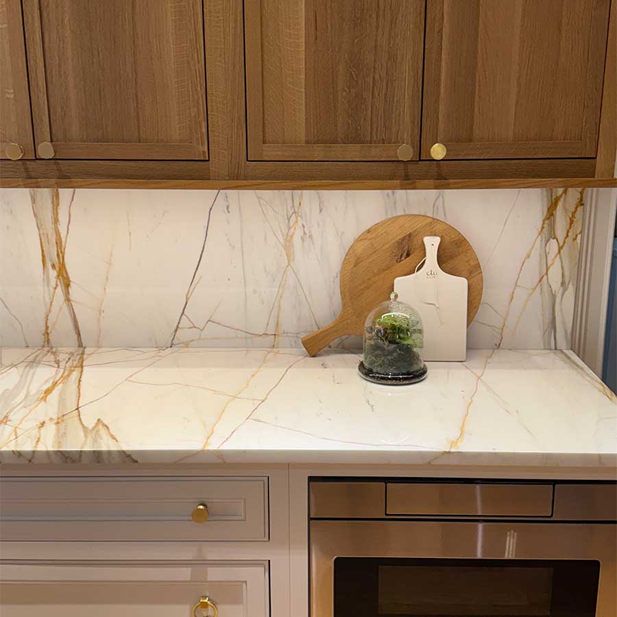 closeup of countertop and cabinets designed by Gray Gatlin Deisgn